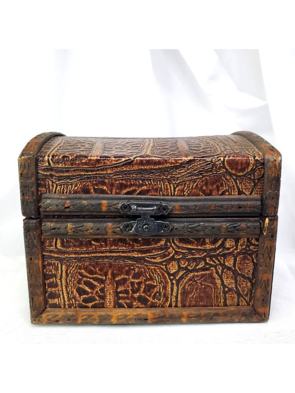 Vintage Wood & Faux Leather Carved Jewelry Treasure Chest Box With Metal Accents